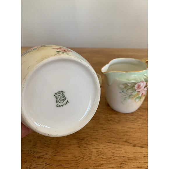 Vtg Weimar Cream & Sugar‎ Green Pink Roses Victorian - Made In Germany - Picture 9 of 10